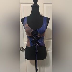 NWT Dolls Kill / Club Exx Tie Dye Celestial Bass Lace Up Crop Top
